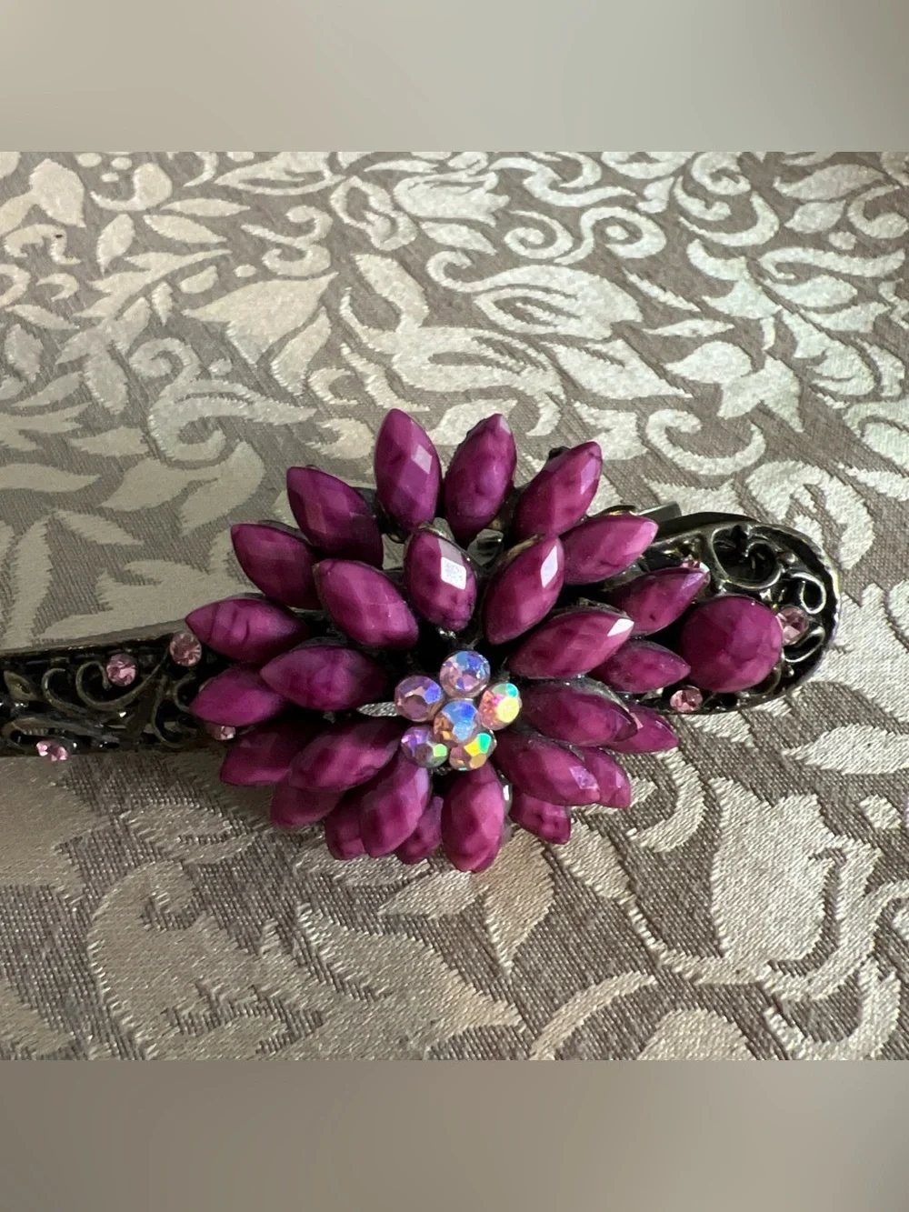 Vintage Hair Clip Purple Jeweled  Gold Tone Floral Fashion Hairstyle